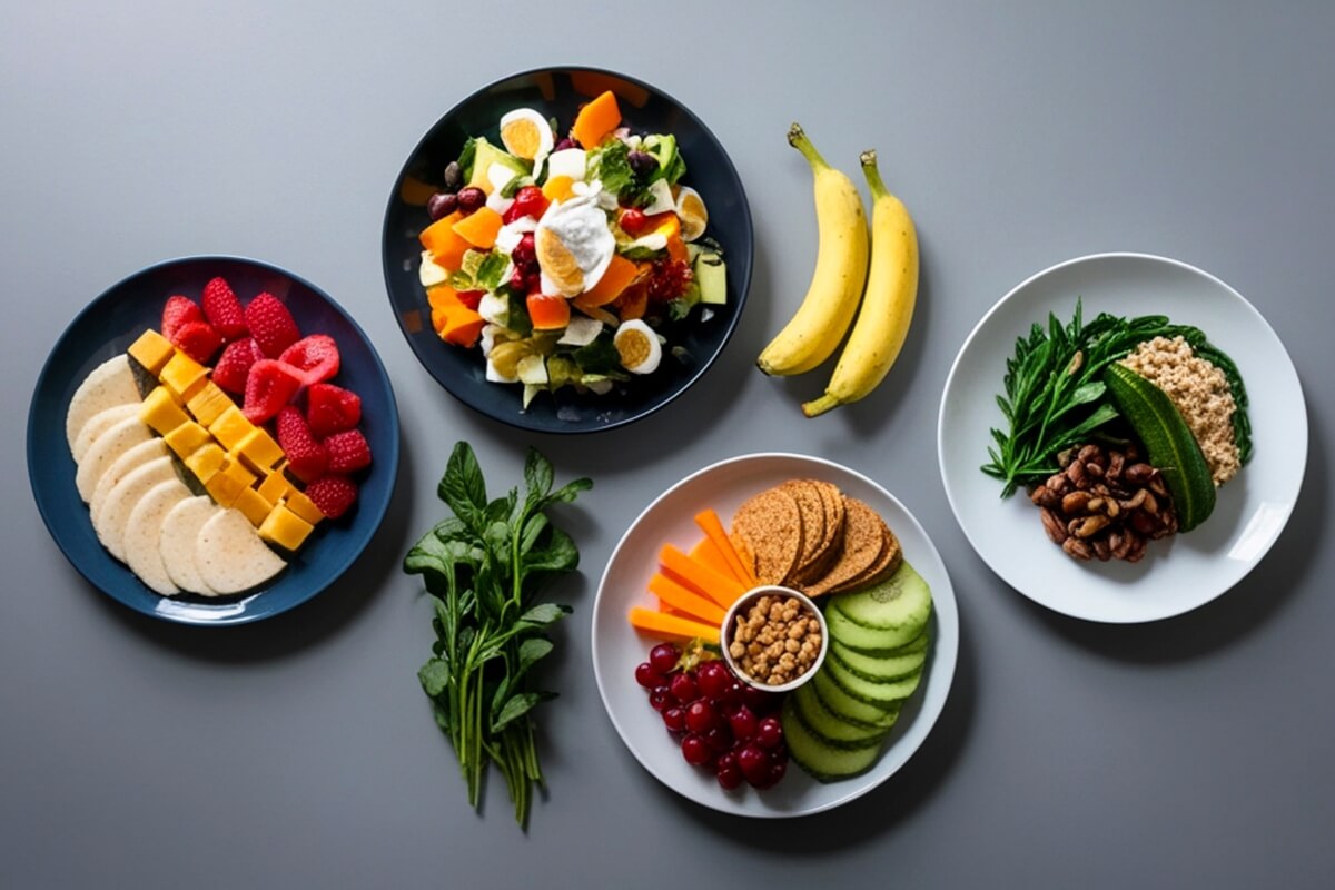 A flat-lay view of several plates containing fresh fruits, vegetables, eggs, and healthy snacks.