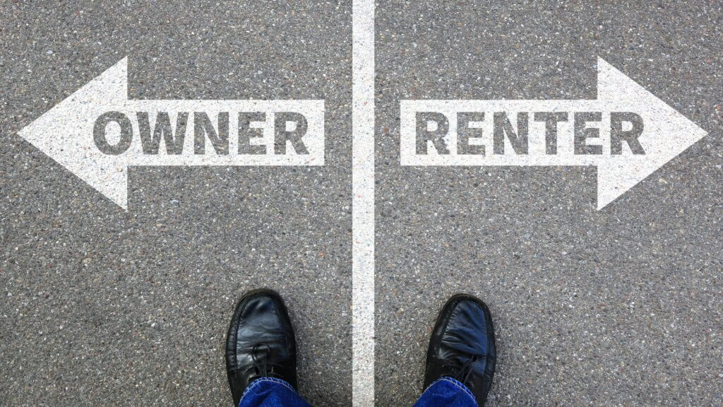 A person's feet standing at a line with arrows pointing to "OWNER" and "RENTER".