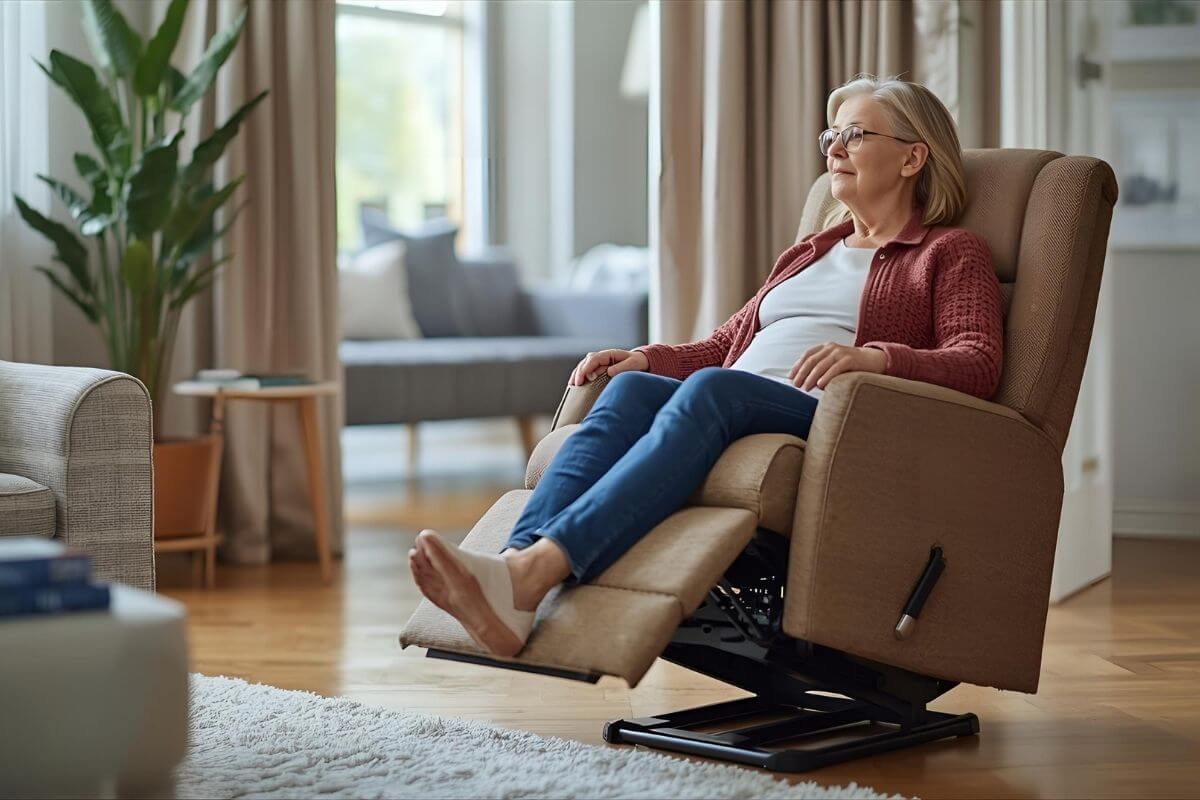 An older woman wearing glasses and a cardigan is relaxing in a tan riser recliner chair with her feet up, looking out into a bright living room.