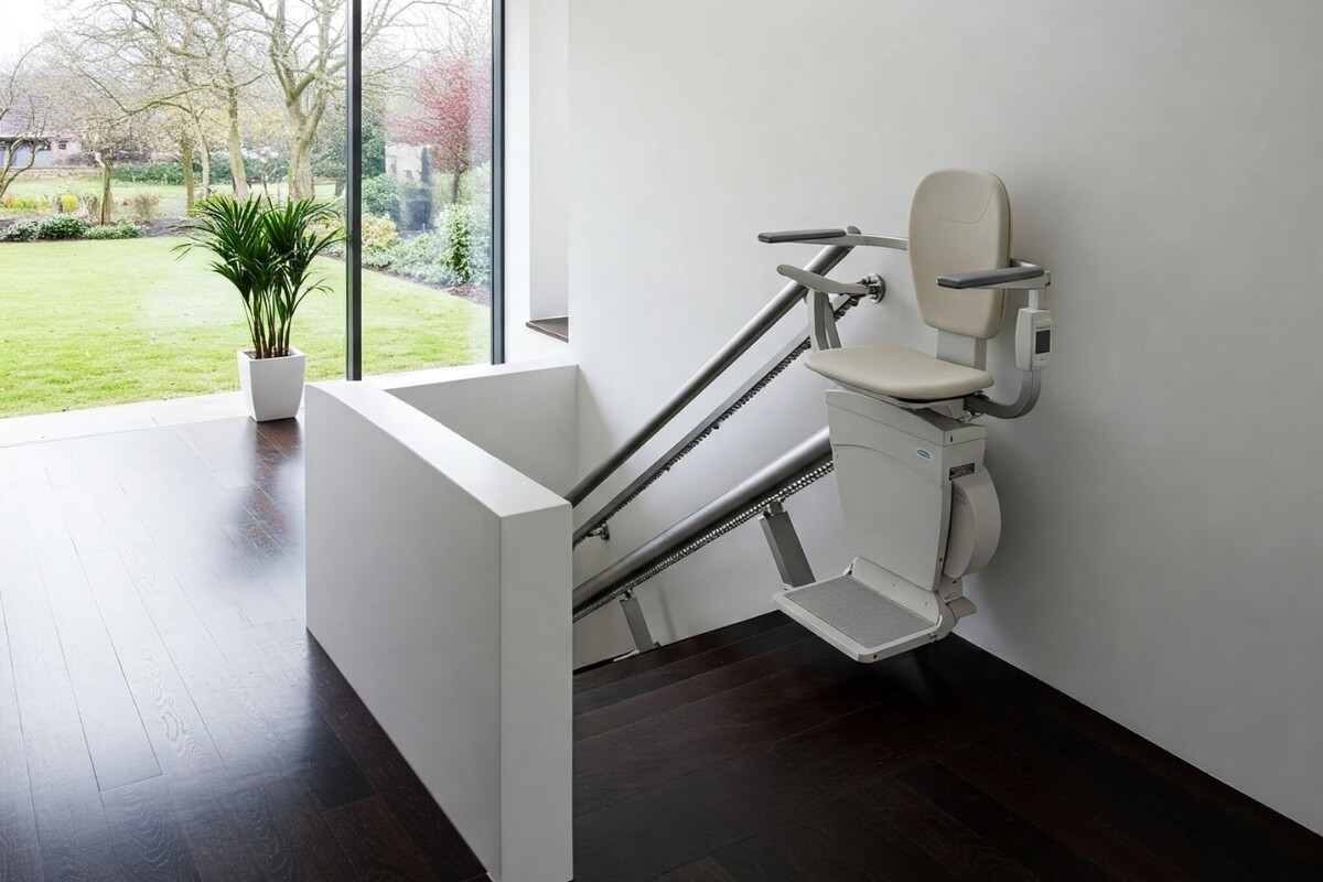 A modern, sleek cream stairlift installed on a straight rail in a bright, minimalist hallway with large windows.