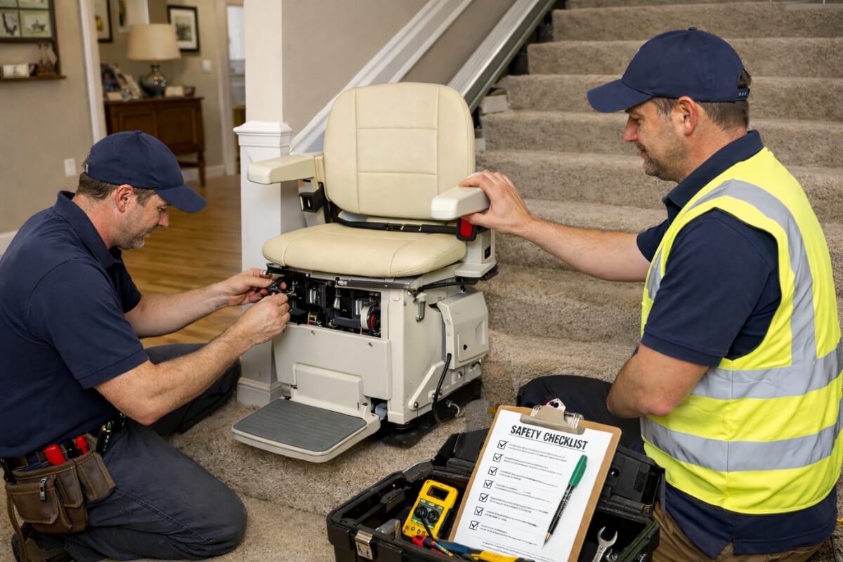 Two technicians in blue caps and workwear performing a safety check and maintenance on a cream-coloured stairlift.