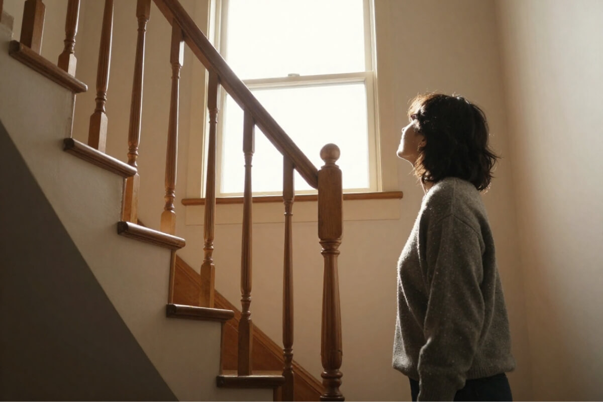 A person stands at the bottom of a wooden staircase, looking up toward a bright window at the top.