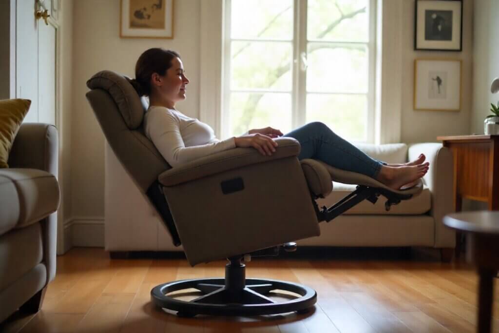 Side profile of a woman reclining in a grey armchair with an elevated leg rest in a sunlit room.