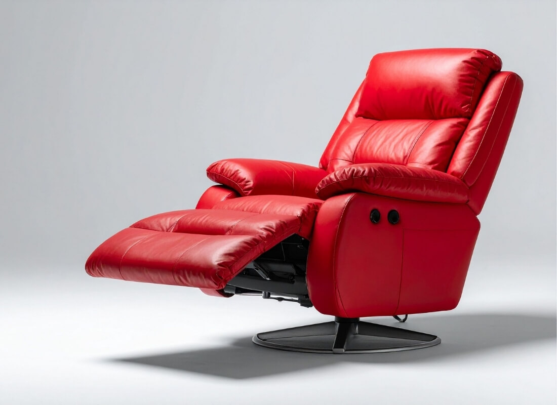 A modern red leather recliner chair shown in a fully reclined position against a white background.