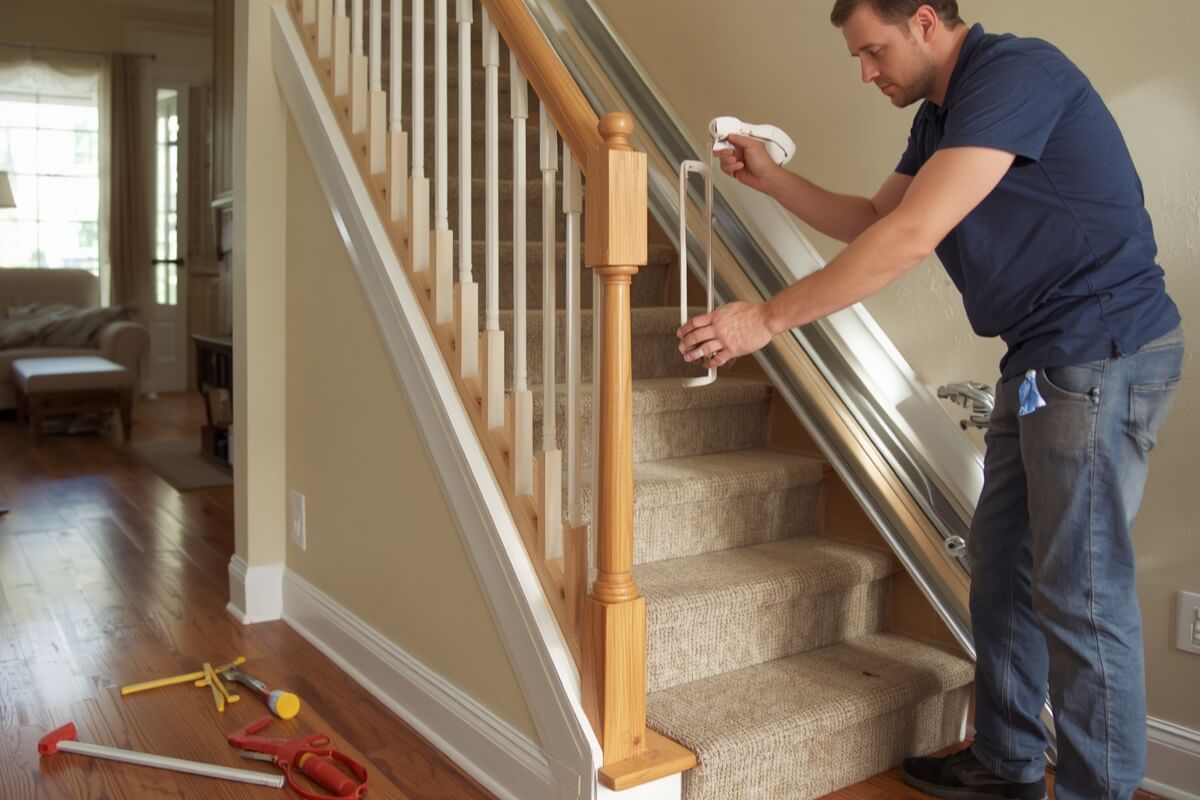 A technician installing a straight metal stairlift rail onto the steps of a domestic carpeted staircase.