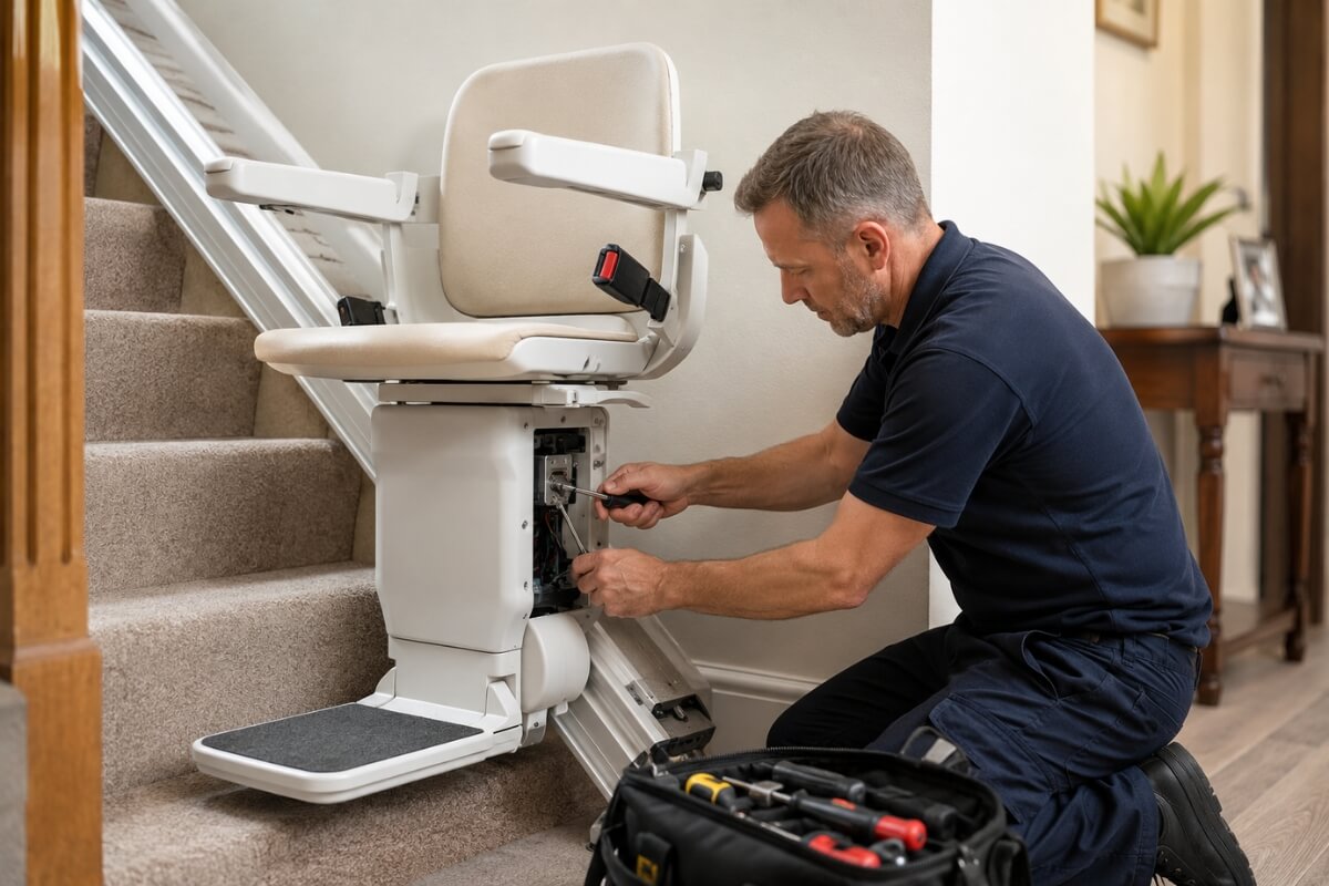 A technician kneeling on the floor next to a stairlift at the bottom of a staircase, using a tool to repair or service the internal components of the base unit.