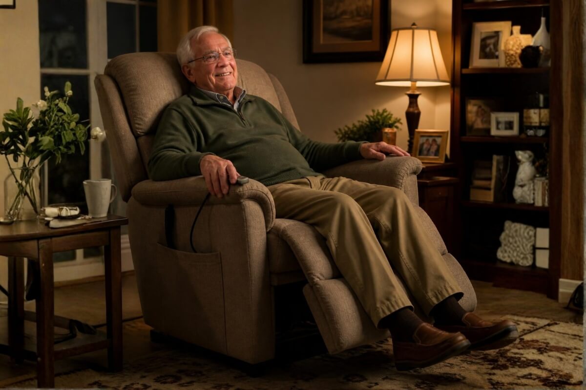 A senior man smiles while relaxing in a beige electric riser recliner chair in a cosy living room.