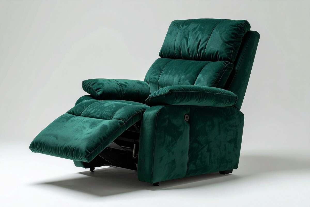 A plush emerald green velvet electric recliner chair shown slightly reclined against a plain studio background. A plush emerald green velvet electric recliner chair shown slightly reclined against a plain studio background.