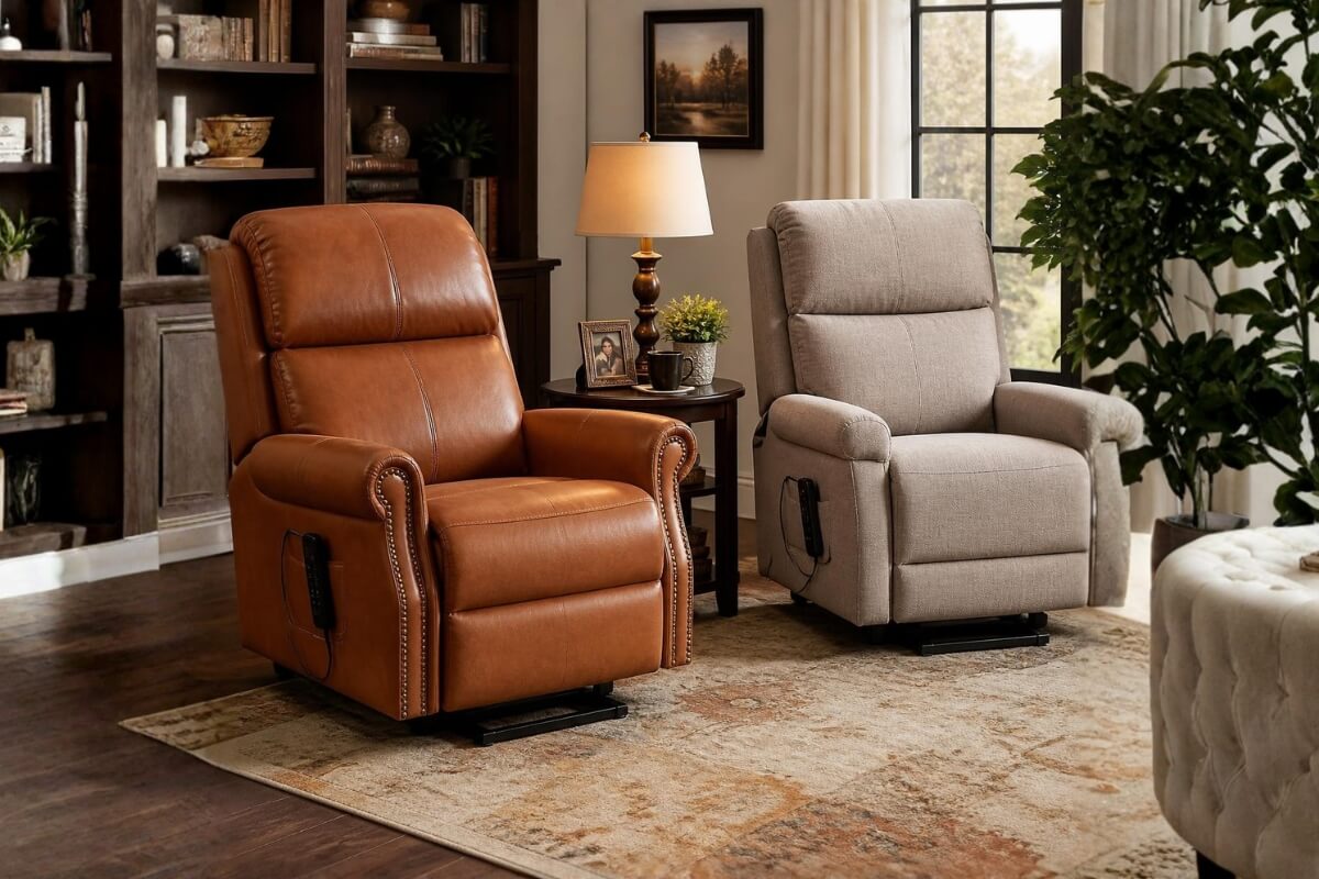 A cognac brown leather recliner with brass stud detailing sits next to a light grey fabric recliner in a furnished living room.