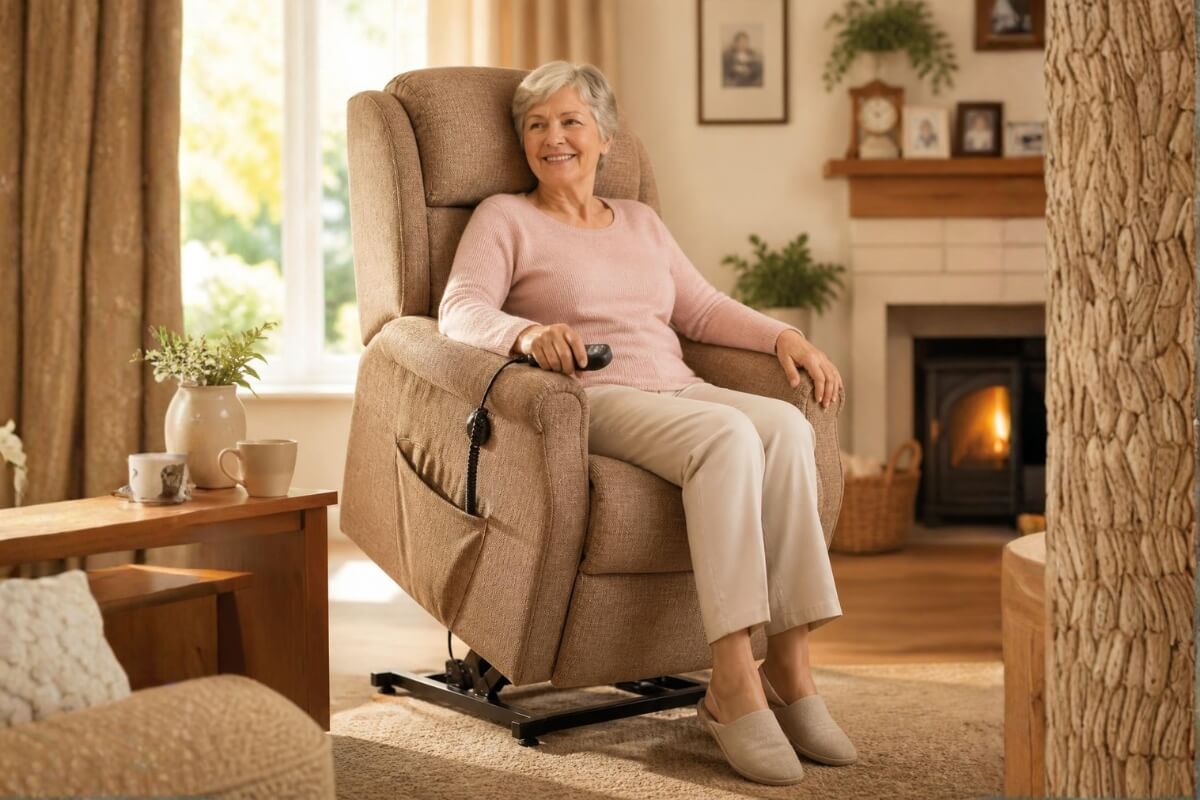 A senior woman smiles while using a hand control to raise a beige electric lift chair in her warm living room.