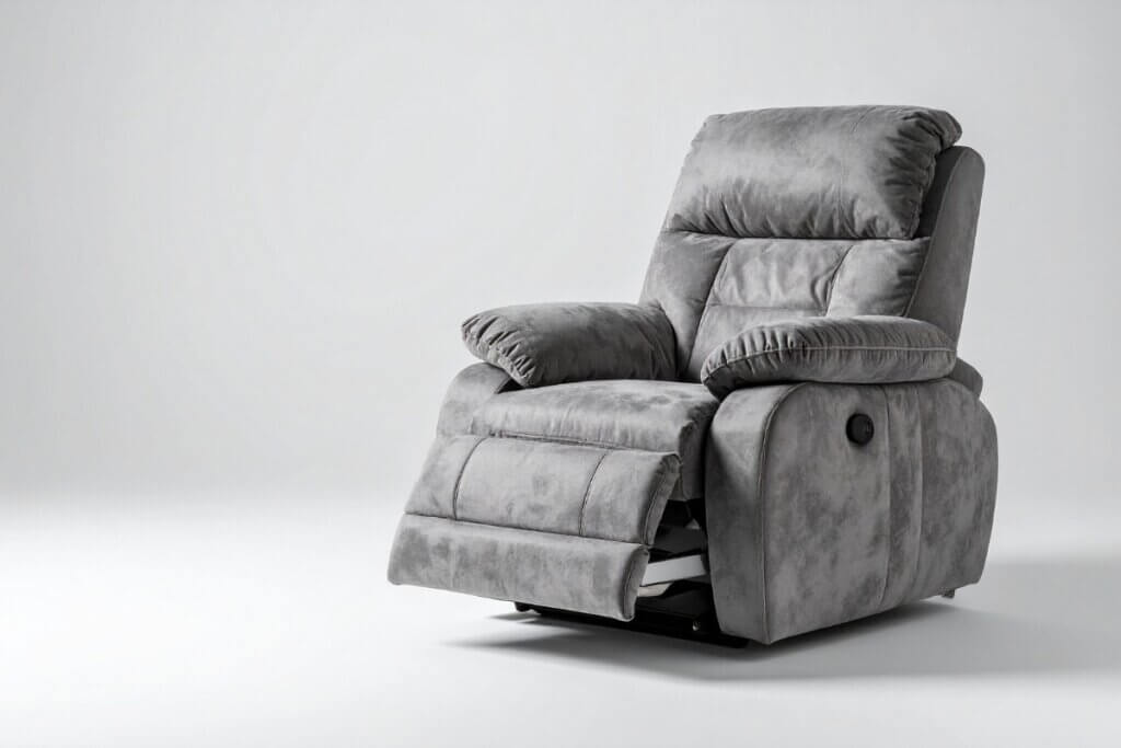 A studio shot of a plush grey suede electric recliner chair with its footrest slightly elevated.